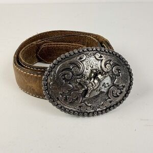 Nocona Kids Western Leather Belt Rodeo Buckle Bull Rider Brown Vintage